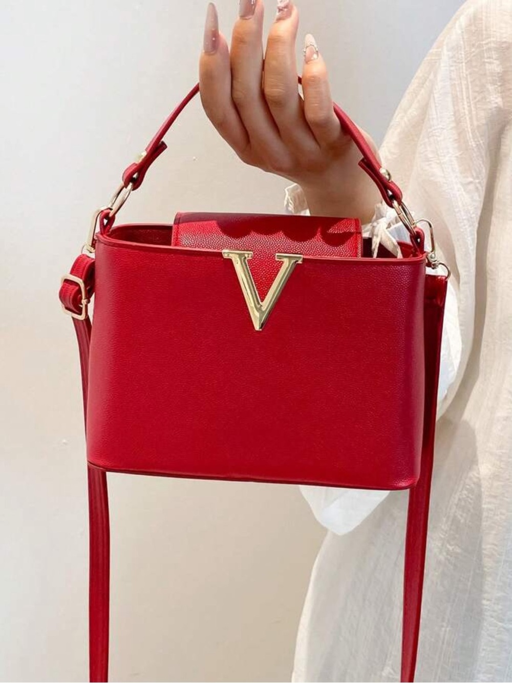 Nordstrom Red Structured Tote with Gold V Accent